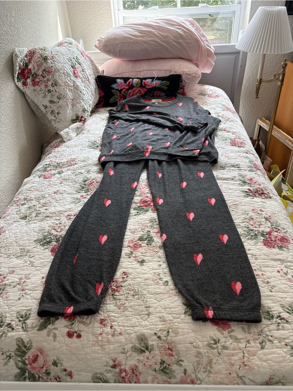 P.J. Salvage Charcoal Knit Pajama Set with Pink Heart Print